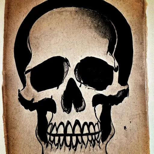 Prompt: drawing of a skull on old torn paper, dramatic lighting, ultra detail, creepy, book cover