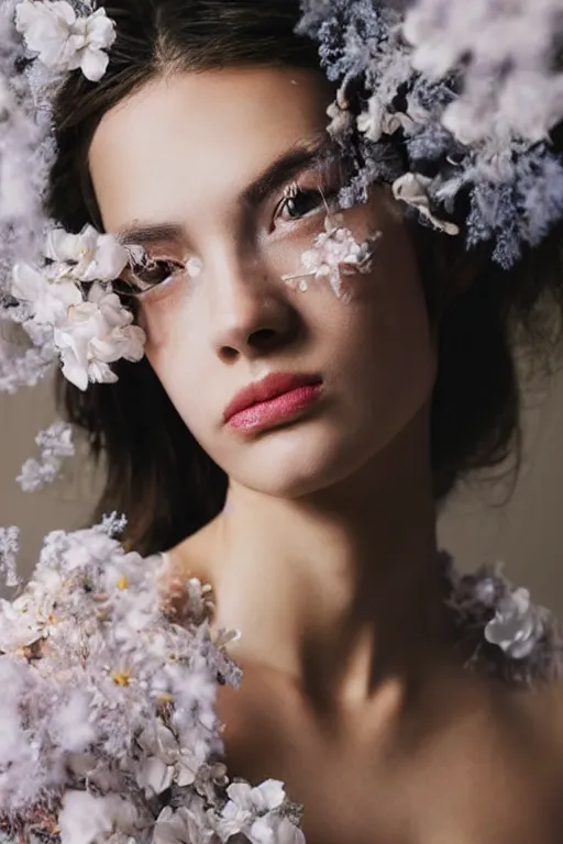 Image similar to close - up fashion woman portrait airy flowers clouds