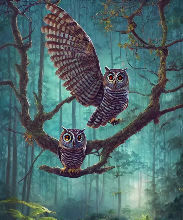 Image similar to a single realistic owl, flying in a psychedelic forest, wide angle landscape shot, pixar style by tristan eaton, artgerm and tom bagshaw