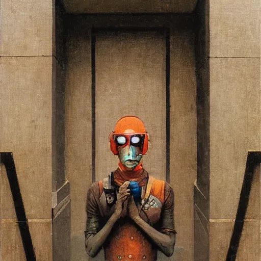 Image similar to portrait of masked cyberpunk scientist on the art deco streets of the Empire city, award-winning realistic sci-fi concept art by Beksinski, Bruegel, Greg Rutkowski, Alphonse Mucha, and Yoshitaka Amano