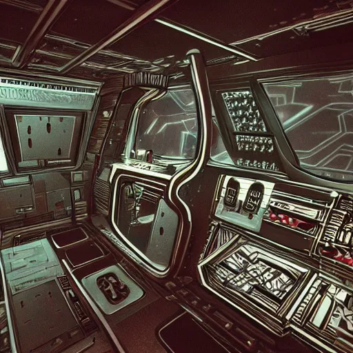 Prompt: intricate mechanical interior of a 1 9 7 0 s spaceship, victorian goth, retro, trending on art station, 4 k wallpaper