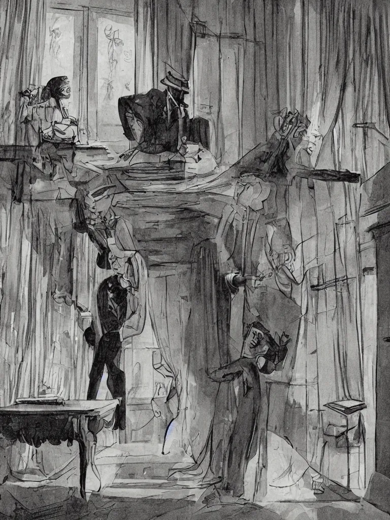 Prompt: scene from master and margarita by bulgakov, illustration, soviet flat, 4 k