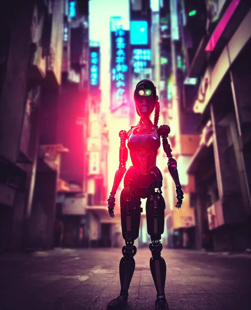 Image similar to a photo close up cyberpunk half robot half girl stands in a cyberpunk hiroshima, prefecture streets, sunset, photorealistic, cinematic lighting, very detailed, style by tomino - sama