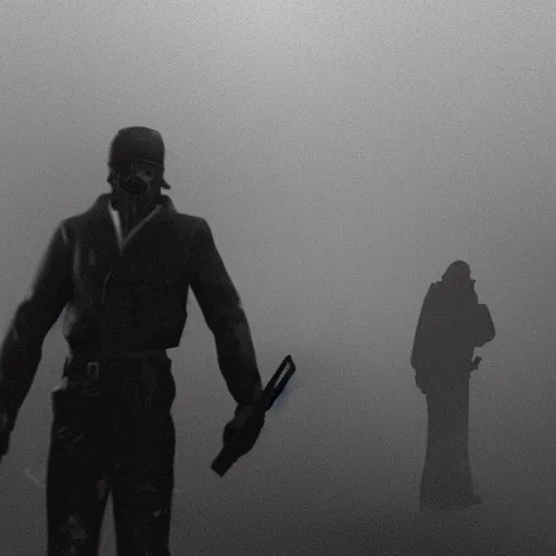 Image similar to humphrey bogart and lauren bacall, battered, holding machine guns and grenades, back to back, last stand as disturbing zombie shapes come out of the fog. There is ash in the air. Silent hill, resident evil. Octane render, cinematic lighting, cinematic framing ar 3:1.