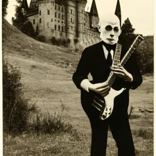 Image similar to vintage photograph of count orlok outside his castle, playing the blues on guitar, castle in the background, 4 k