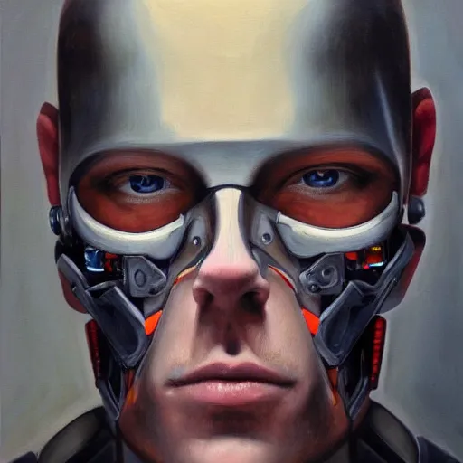 Image similar to amazing half-lenght portrait of a cyborg man, oil painting. HD