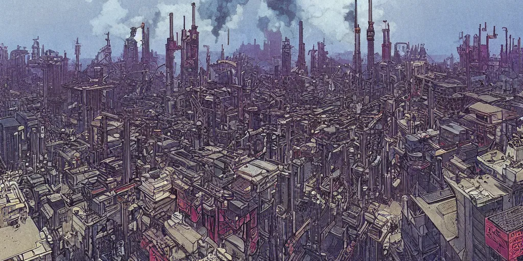 Prompt: sprawling Atompunk city with spouts of steam, by Moebius