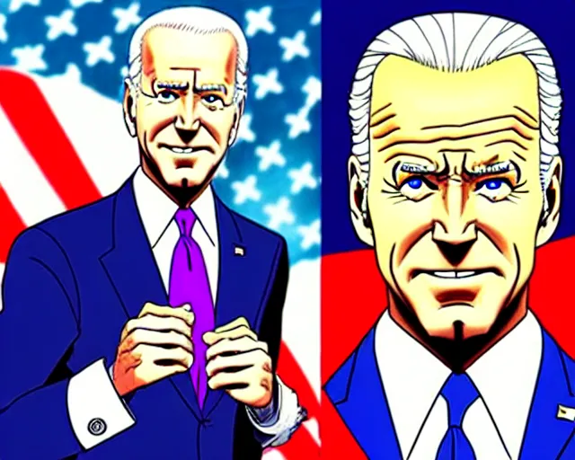 Image similar to Joe Biden in JoJo’s Bizarre Adventure anime by Hirohiko Araki, highly detailed, dynamic lighting, anime style