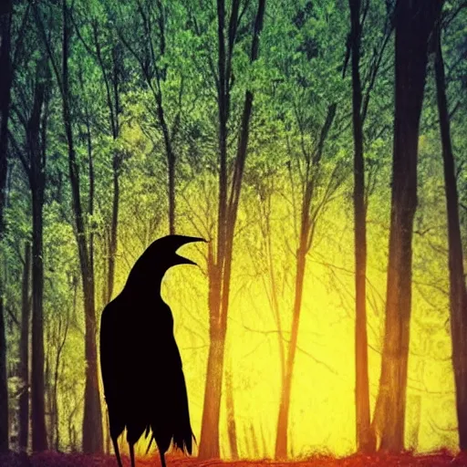 Prompt: a tall, muscular crow walking in a forest, sunset, realistic, romantic, enchanting, dreamy, IMAX