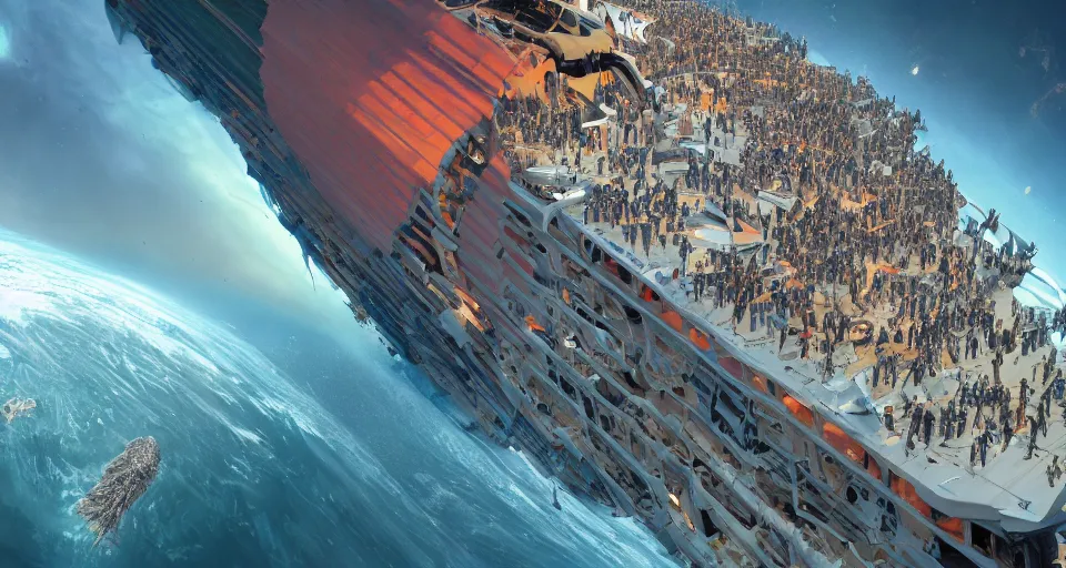 Image similar to The great migration of people on a huge ship collapsed in the form of an O'Neill cylinder in orbit of a gremlin, rectilinear, barometric projection, dutch angle from space view, concept art, high detail, intimidating, deep rich colors, iridescent radiance, epic scale ultrawide angle, stunning, epic, cinematic, Artstation trending, octane render, hyperrealistic, Cryengine 8k UHD