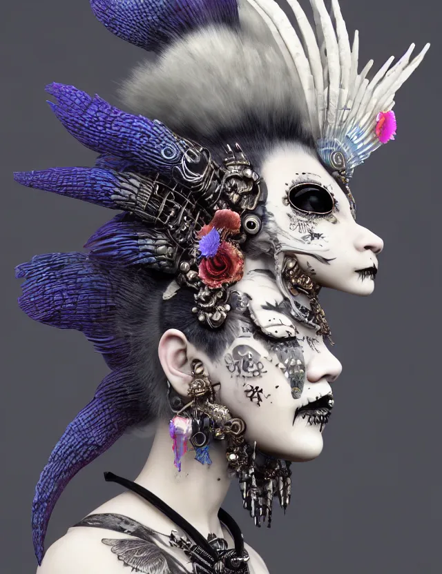 Prompt: 3 d goddess close - up profile portrait punk with mohawk in victorian style with ram skull. beautiful intricately detailed japanese crow kitsune mask and clasical japanese kimono. betta fish, jellyfish phoenix, bio luminescent, plasma, ice, water, wind, creature, artwork by tooth wu and wlop and beeple and greg rutkowski