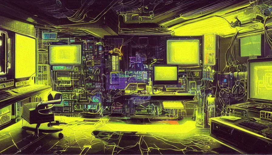 Image similar to A highly detailed rendering of a Cyberpunk hackers bedroom which has sophisticated hi-tech holographic wall boards and screens surrounded by messy cables, soft neon yellow lighting, reflective surfaces, sci-fi concept art, by Syd Mead, by H.R.Giger, highly detailed, oil on canvas