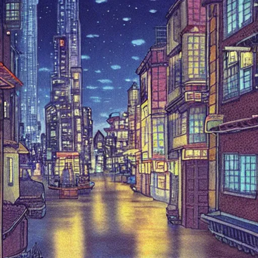 Image similar to a city at night, studio ghibli