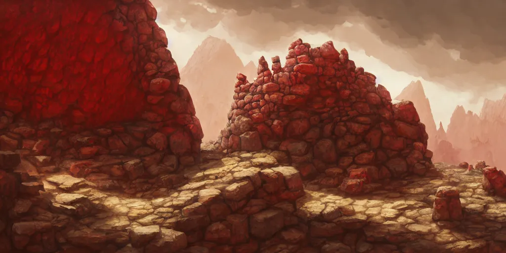 Prompt: a naturally reddened outcropping of stone juts out of the salted crag, matte oil painting, colored merchant tents, retrofuturistic science fantasy, dungeon, stone bricks, shrines, rpg, epic, extremely detailed, sharp focus, 4 k