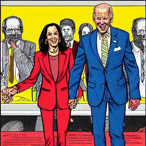 Image similar to The Artwork of R. Crumb and his Cheap Suit - Joe Biden and Kamala Harris, pencil and colored marker artwork, trailer-trash lifestyle