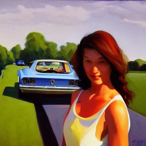 Prompt: Candid portrait, car in the background, dated a woman that lived on Cooterneck Road, She had a Catfish Camero and was cooler than me, by Edward Hopper, Bo Bartlett, and Cynthia Sheppard, Artstation