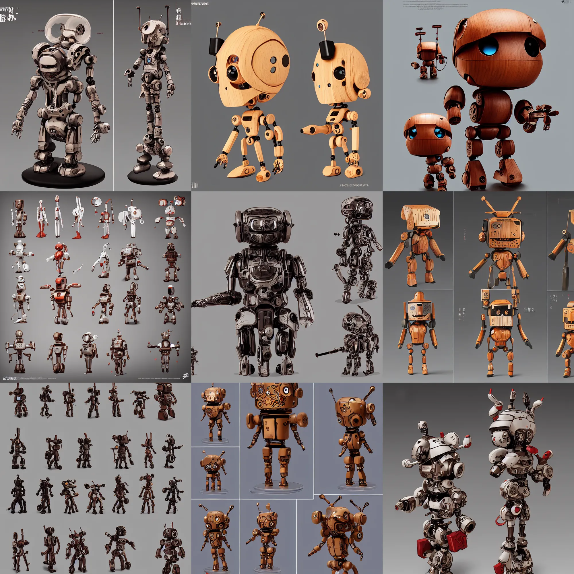 Prompt: illustration artoys cute figurine wooden robots samourai, cyberpunk, highly detailed, symetrical, geometrical, cgsociety, artstation