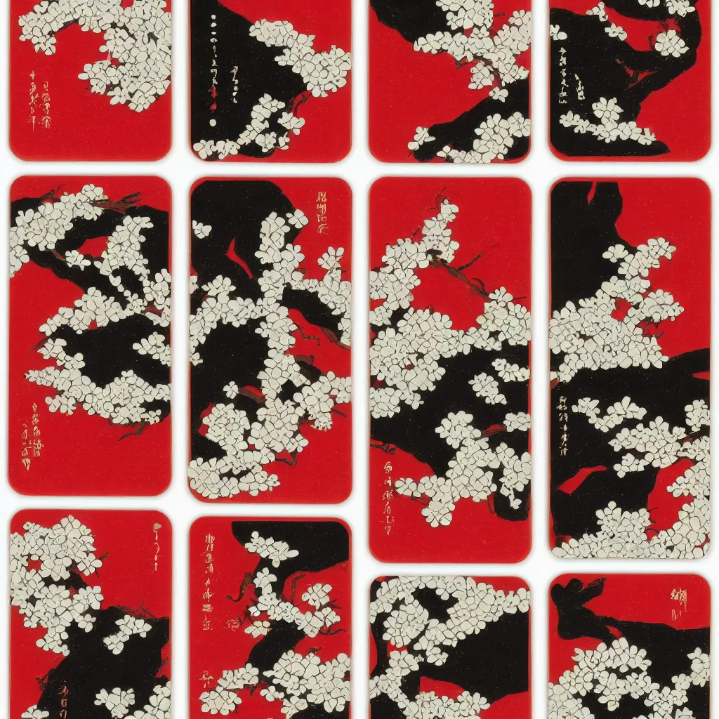 Prompt: hanafuda, set of 4 cards for january, matsu, trending on behance, concept art, stunning, matte