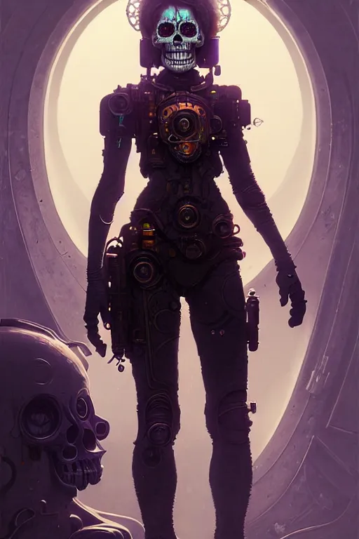 Image similar to ultra detailed female android ragamuffin, stray dog, scifi, fantasy, octane render, ( dia de los muertos ), asymmetrical, intricate concept art, art by godmachine and michael welan and dzo and greg rutkowski and alphonse mucha and loish and wlop