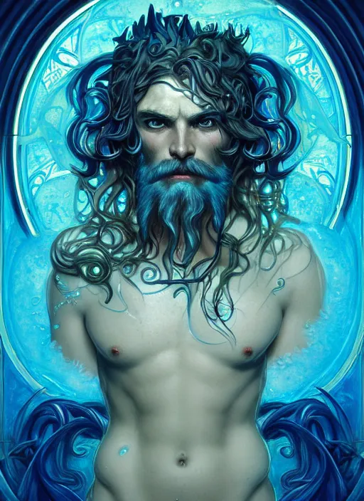 Image similar to the god poseidon, water hair, glowing eyes, volumetric lights, blue and cyan scheme, art nouveau botanicals, gothic, intricate, highly detailed, digital painting, artstation, concept art, smooth, sharp focus, symmetric face, illustration, art by artgerm and greg rutkowski and alphonse mucha