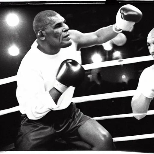 Prompt: polaroid of obama knocking out mike tyson in boxing match