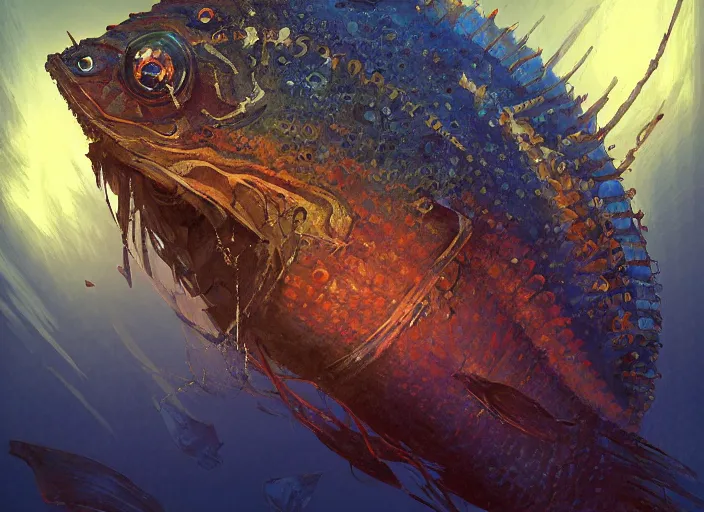 Prompt: dramatic art - portrait of a armored chaos fish from underground hallow terraria, exotic fish, by wlop, james jean, victo ngai! muted colors, very detailed, art fantasy by craig mullins, thomas kinkade