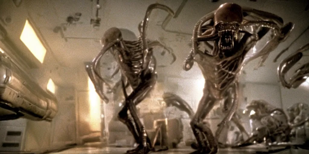 Prompt: a wide angle movie still from alien ( 1 9 7 9 ) by ridley scott showing an alien attacking someone | sci - fi and supernatural horror | uneasy and uncanny atmosphere | shot on celluloid with panavision cameras | panavision lenses | 3 5 mm film negative width | anamorphic projection format | critically acclaimed | oscar winning practical effects