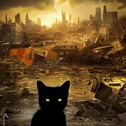 Image similar to a black cat looking at a destroyed city, by karcz, michal