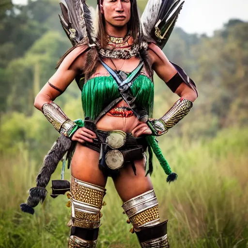 Image similar to long shot photo a Caucasian female amazon warrior with malachite armour