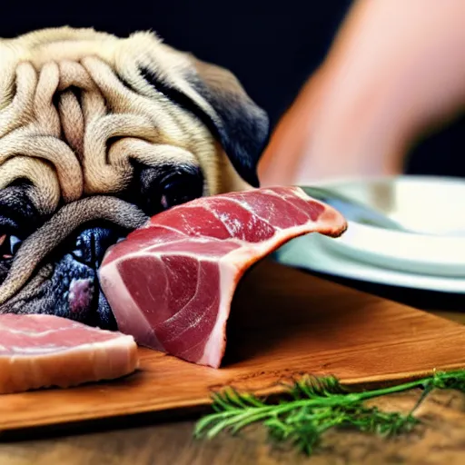 Image similar to fat pug eating a slice of ham