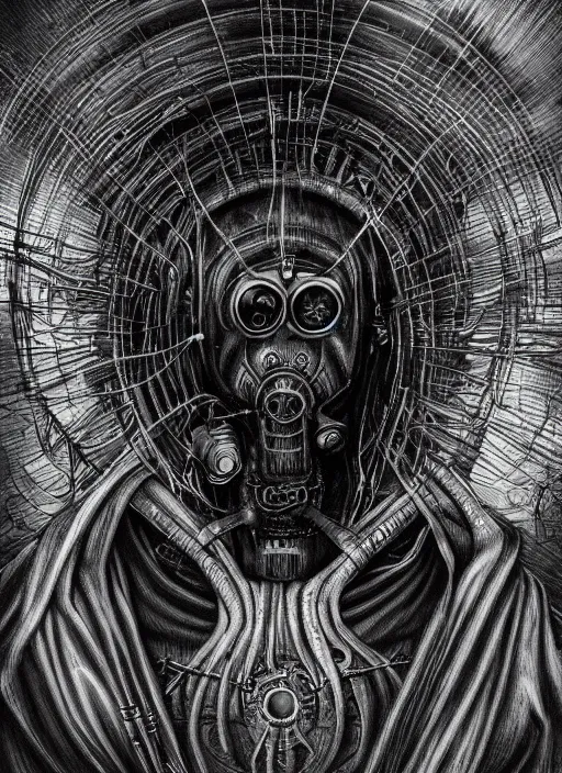 Image similar to Dark scary atmospheric detailed Outsider cyberpunk demon with mechanical wires wearing GAS MASK from the NetherRealm smoke mist vapor atmosphere by HR Giger and alex grey