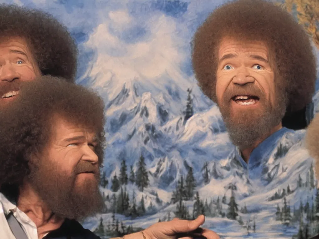 Image similar to bob ross crying with bob ross painting as a backdrop