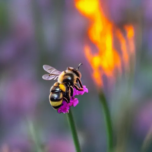 Image similar to a bee landing on a burning flower, the forest is on fire, there is fire everywhere, beautiful macro photography, perfect focus, nice composition