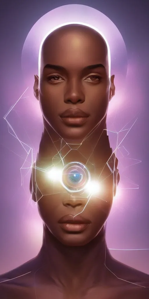 Image similar to symmetry!! solid cube of light, hard edges, product render retro - futuristic poster scifi, lasers coming from eyes, brown skin man, intricate, elegant, highly detailed, digital painting, artstation, concept art, smooth, sharp focus, illustration, dreamlike, art by artgerm