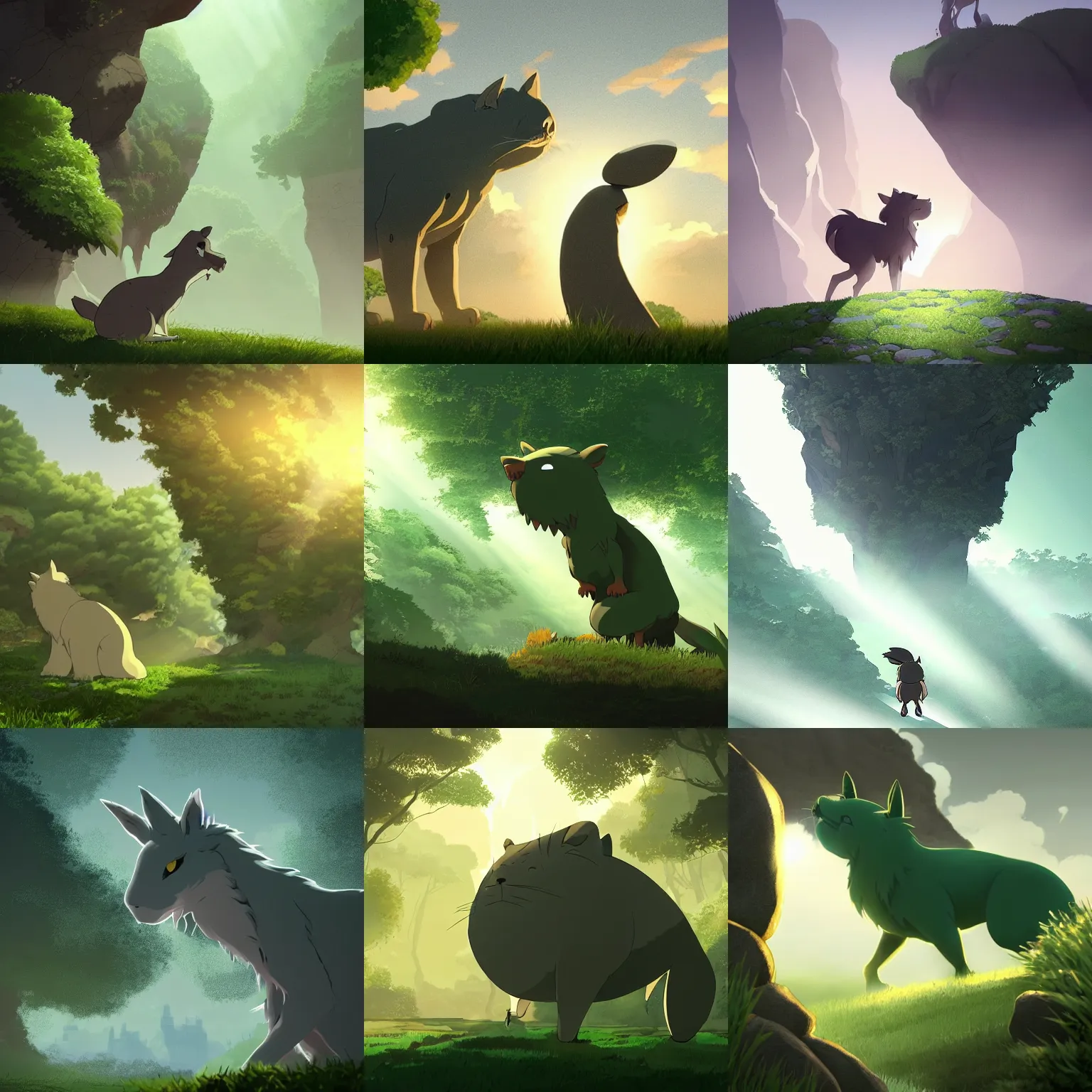 Prompt: stone 4 legs - animal - spirit throws stone, in a gentle green dawn light, studio ghibli, clean cel shaded vector art, cinematic lighting, volumetric lighting, smooth, sharp focus, highly detailed, render in unreal engine 5, artstation, deviantart, behance, trending, epic composition, octane, light rays, award - winning