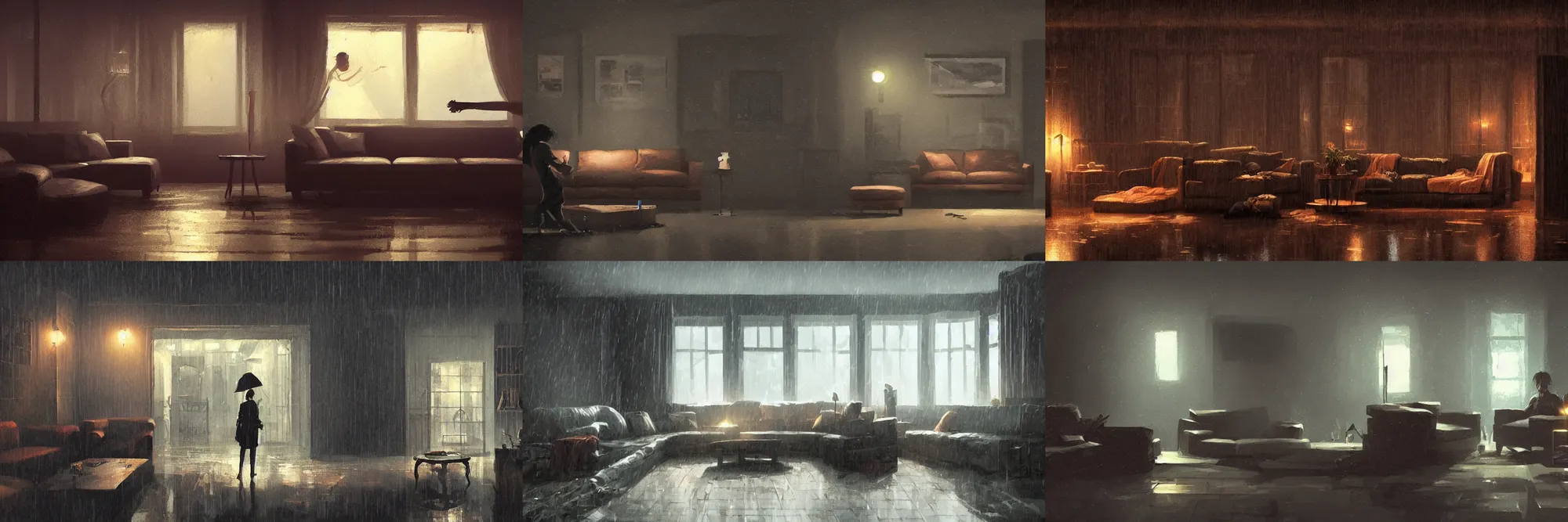 Prompt: 2 d game art sidescroller dark living room, night, rain, side angle, by greg rutkowski