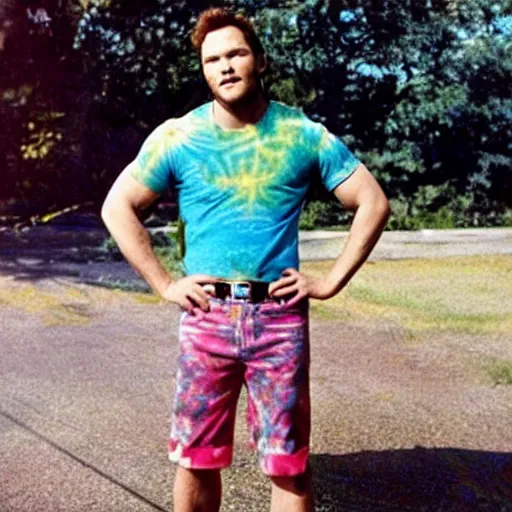 Image similar to chris pratt in a tie dye tshirt with rainbow shorts in the 1 9 6 0 s