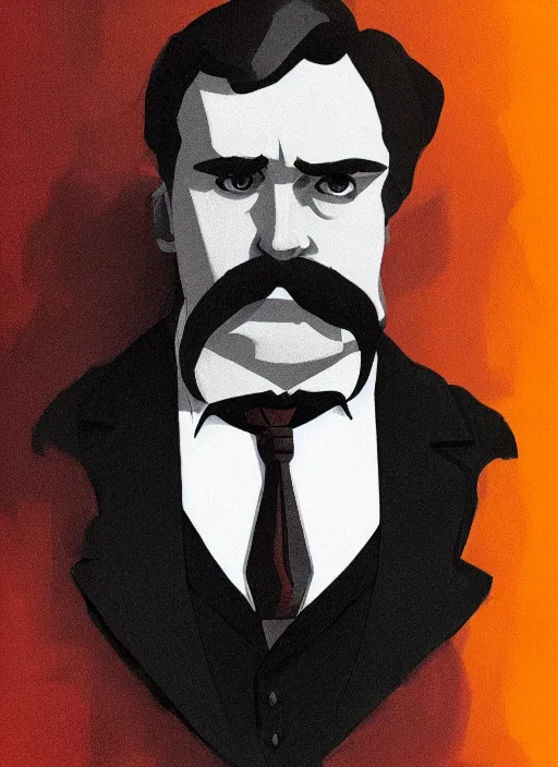 Prompt: Portrait of Friedrich Nietzsche in his Suit with a chiseled Jawline and serious Look, in the Style of Atey Ghailan and Artgerm and Mike Mignola, hard shadows, neon rim light, beautiful colors, plain background, trending on artstation