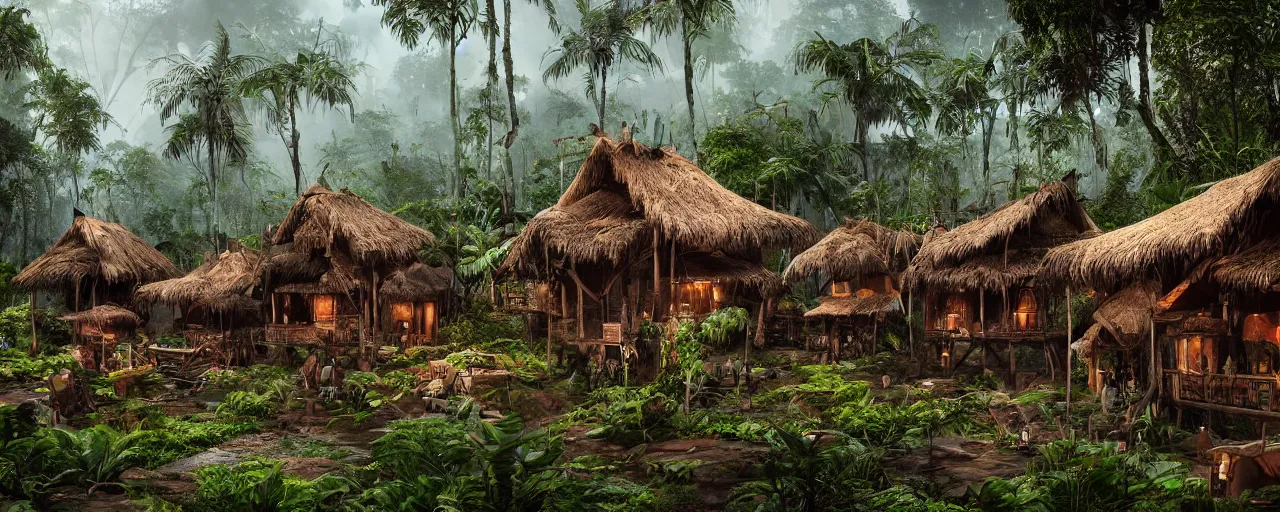 Image similar to an intricate concept art of a tribal houses in the middle of the amazon rainforest, artstation, sci - fi, hyper realistic, concept art, art by dylan cole, cinematic lighting, octane render