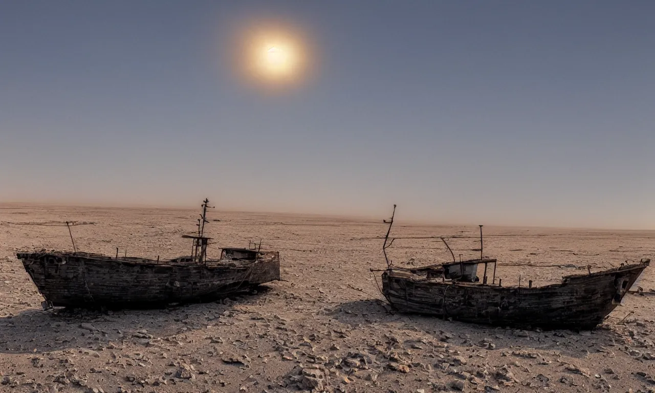 Image similar to an abandoned ship in the aral sea desert, setting sun, photorealistic, 4k, 8k, very detailed