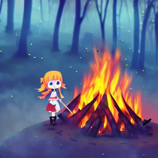 Image similar to cute fumo plush manic happy witch pyromaniac girl giddily starting a huge bonfire in the forest, anime, burning flames, warm glow and volumetric smoke vortices, filmic, rule of thirds composition, vignette, vray