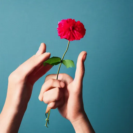 Image similar to A hand with too many fingers holding a plastic flower with a long stem, award-winning photo, DSLR color