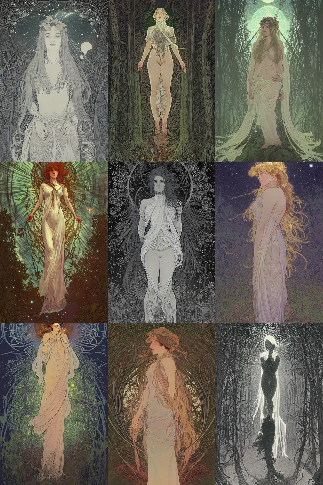 Prompt: hyper detailed character portrait of a ghostly female figure standing in the forest plains of north yorkshire, a clear night, sky full of stars, moon in the sky, moonlight, moonlight god rays, sharp focus, illustration, concept art, alphonse mucha