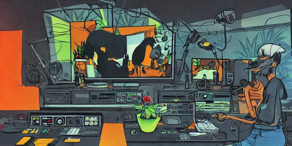 Image similar to 'black chicken'!!! smoking 'cannabis'!!!!!! in front of 'audio console'!!!! and 'multi monitors'!!!! 'in a hi-tech tv broadcasting studio'!!!!, artwork by James Gilleard