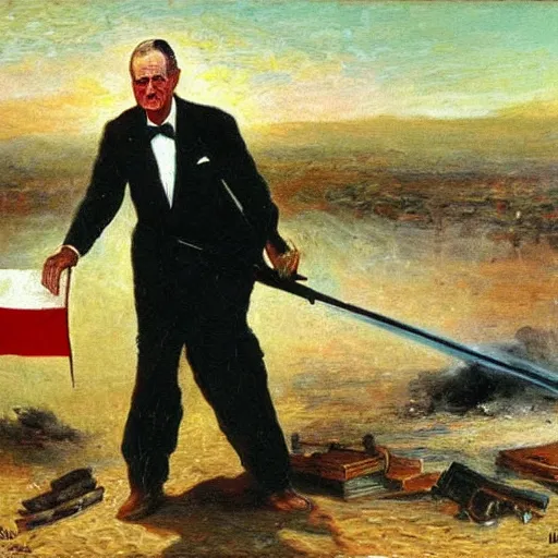 Image similar to George H.W. Bush destroys Iraq, oil on canvas, 1883