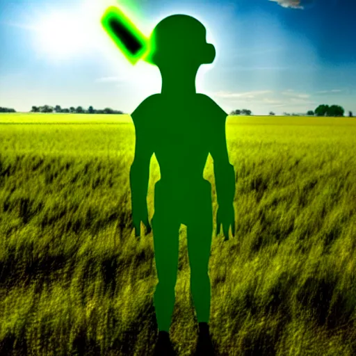 Image similar to an alien is standing in a field with a green lightsaber