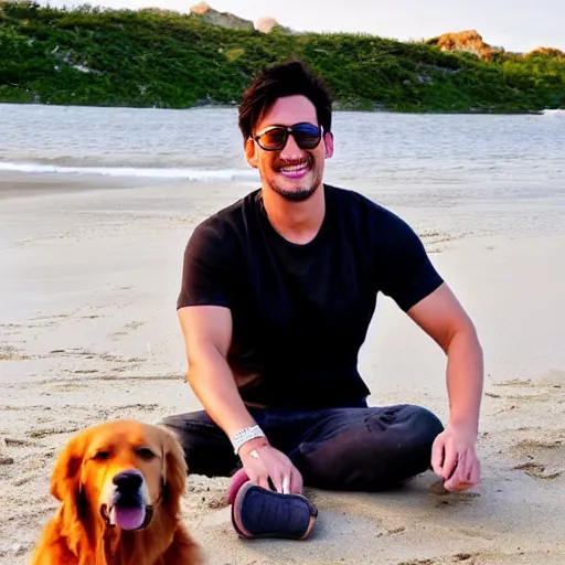 Image similar to markiplier sitting on the beach with a golden retriever. photograph. low angle. high quality.