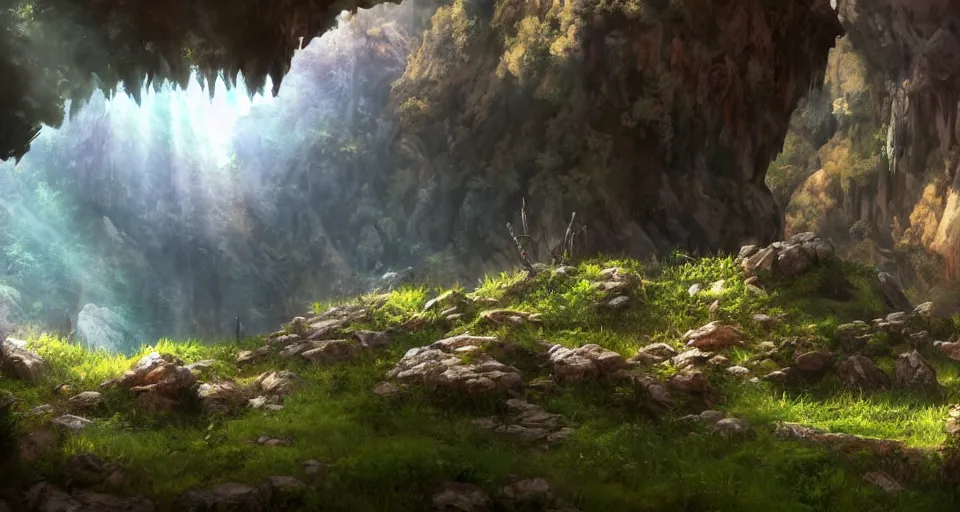 Image similar to An epic fantasy anime style landscape painting of a Neanderthal cave, unreal 5, DAZ, hyperrealistic, octane render, dynamic lighting