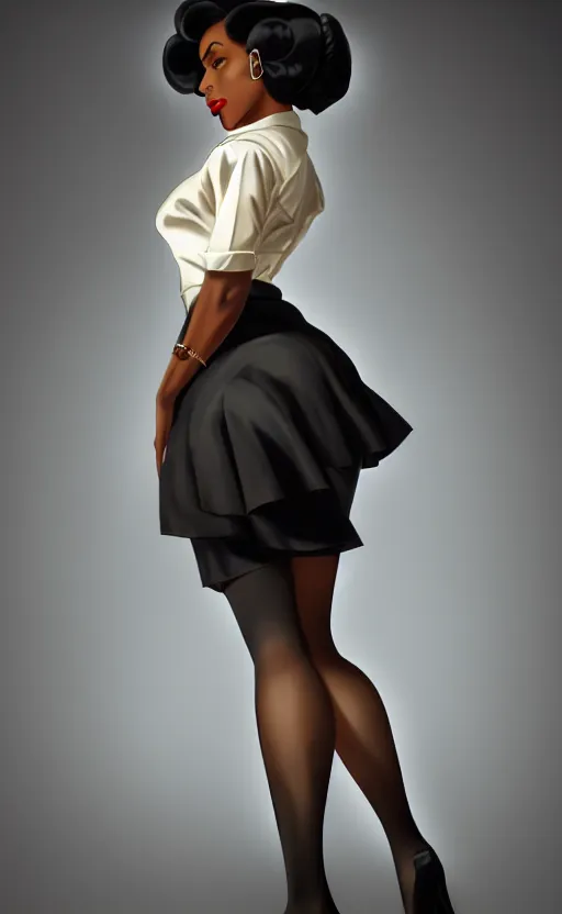 Prompt: a beautiful black femme fatale woman wearing a 1 9 4 0 s skirt, silk stockings, and padded shoulders jacket, anime. realistic shaded lighting by ilya kuvshinov giuseppe dangelico pino and michael garmash and rob rey, 8 k