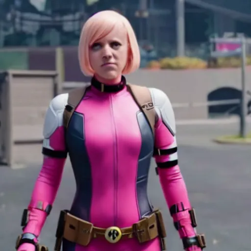 Image similar to A still of Gwenpool in Deadpool 3 (2023), no mask, blonde hair with pink highlights